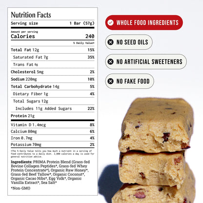 PRIMA Cookie Dough Protein Bar | 21g Grass Fed Whey and Collagen | No Seed Oils, No Preservatives, Raw Honey Sweetened | 7 Pack - PrimeBioHealth - canada supplements