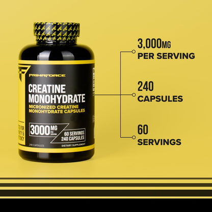 Primaforce Creatine Monohydrate Capsules - 240 Capsules, 3,000mg per Serving, Gluten Free and Non-GMO - PrimeBioHealth - canada supplements