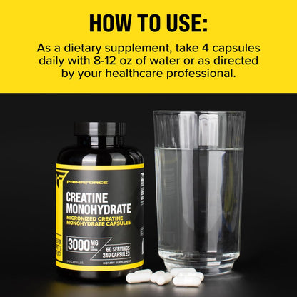 Primaforce Creatine Monohydrate Capsules - 240 Capsules, 3,000mg per Serving, Gluten Free and Non-GMO - PrimeBioHealth - canada supplements