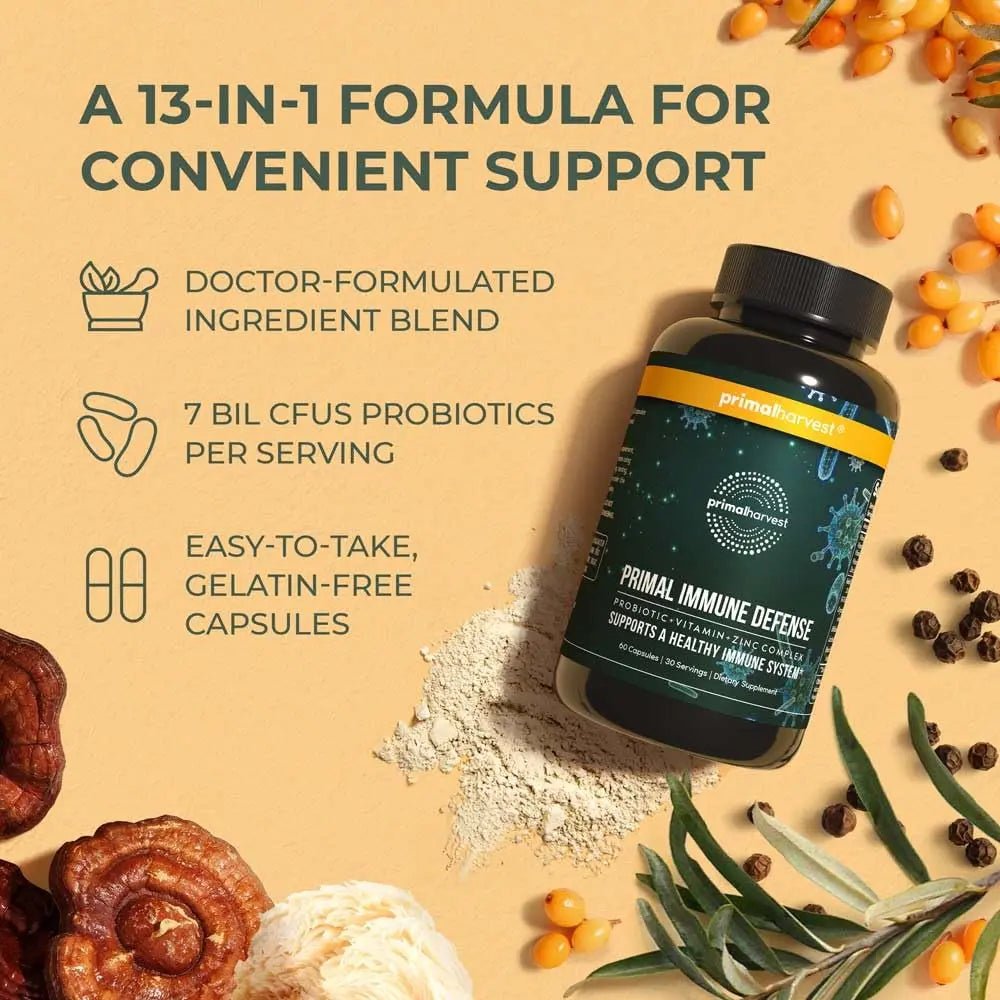 Primal Harvest Immune Defense 10-in-1 Supplement with Probiotics, Zinc, and Vitamins C, D3, K2, B6 Daily Immune Support for Adults - PrimeBioHealth - canada supplements