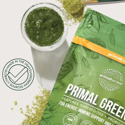Primal Harvest Super Greens Powder, 30 Servings w/+50 Greens Superfood Chlorella, Probiotics, Green Tea, Wheatgrass, - PrimeBioHealth - canada supplements