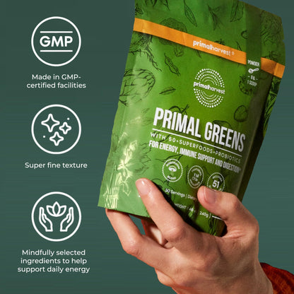 Primal Harvest Super Greens Powder, 30 Servings w/+50 Greens Superfood Chlorella, Probiotics, Green Tea, Wheatgrass, - PrimeBioHealth - canada supplements