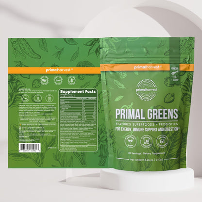 Primal Harvest Super Greens Powder, 30 Servings w/+50 Greens Superfood Chlorella, Probiotics, Green Tea, Wheatgrass, - PrimeBioHealth - canada supplements