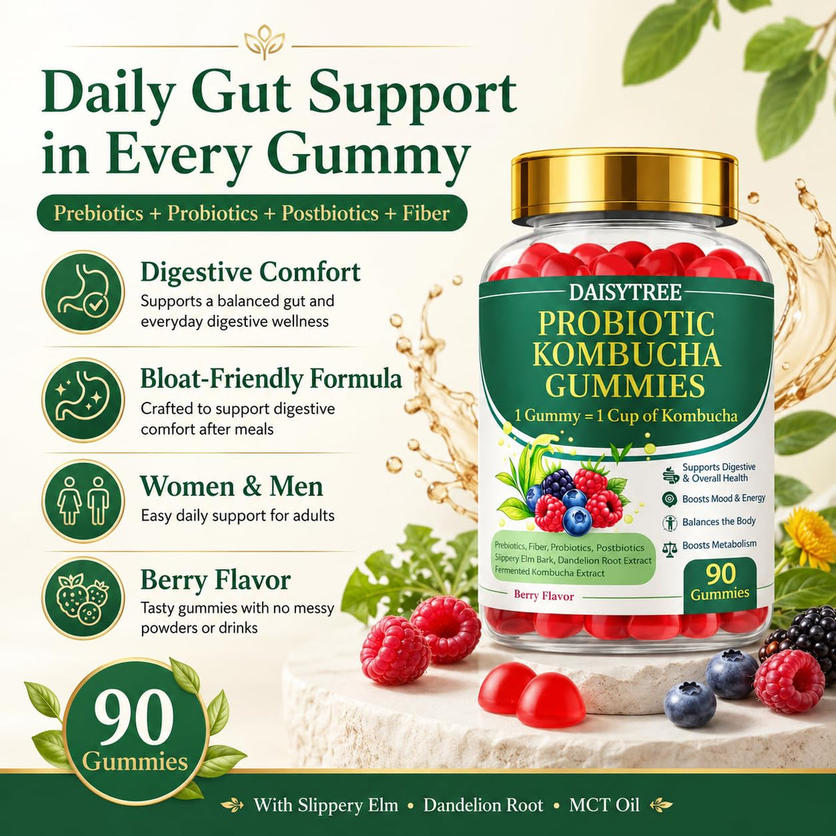 PRIMEHAVEN Probiotic Kombucha Gummies - Prebiotics, Probiotics, Postbiotics, Fiber Supplement, Slippery Elm, Dandelion Root, for Bloating, Gut Health - PrimeBioHealth - canada supplements