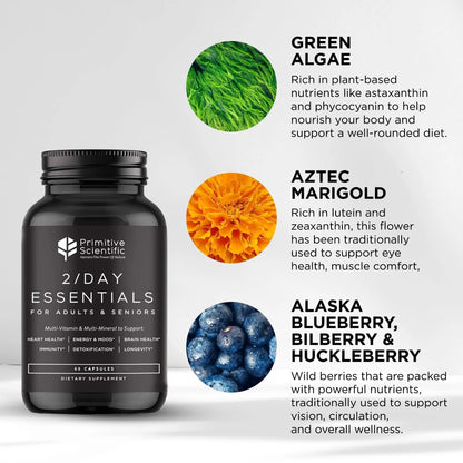 Primitive Scientific Whole Food Daily Essential Multivitamins for Adults and Seniors - 2X a Day - Vitamin A, C, D, E, B12 and Minerals - PrimeBioHealth - canada supplements