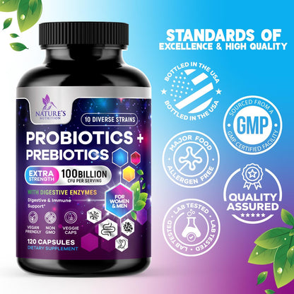 Probiotics 100 Billion CFU Per Serving - 10 Premium Strains + Prebiotics - Best Probiotic Supplement for Women & Men - Supports Immune, Digestive Health, - PrimeBioHealth - canada supplements