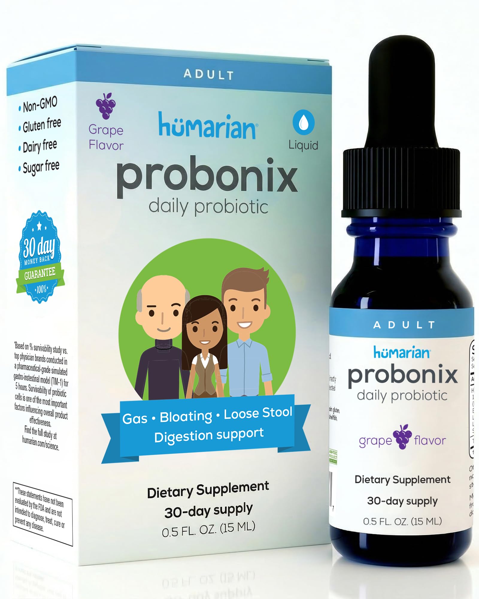 Probonix Humarian Liquid Probiotics for Adults - 12-Strain Probiotic Drops to Fortify Gut Health, Immunity and More - 30-Day Supply - Delicious Grape Flavor - PrimeBioHealth - canada supplements