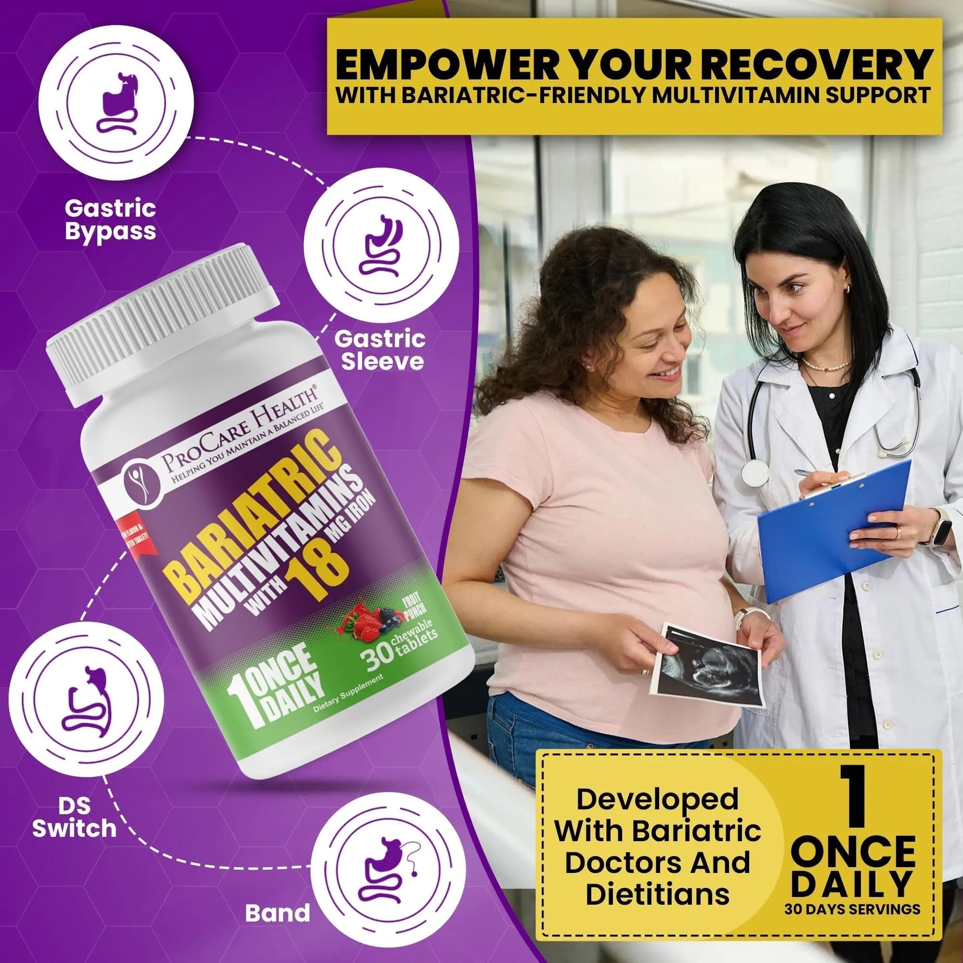 ProCare Health Bariatric Chewable Multivitamin with Iron 18mg (30 Tablets) - Fruit Punch Flavor Bariatric Multivitamin Chewable - PrimeBioHealth - canada supplements