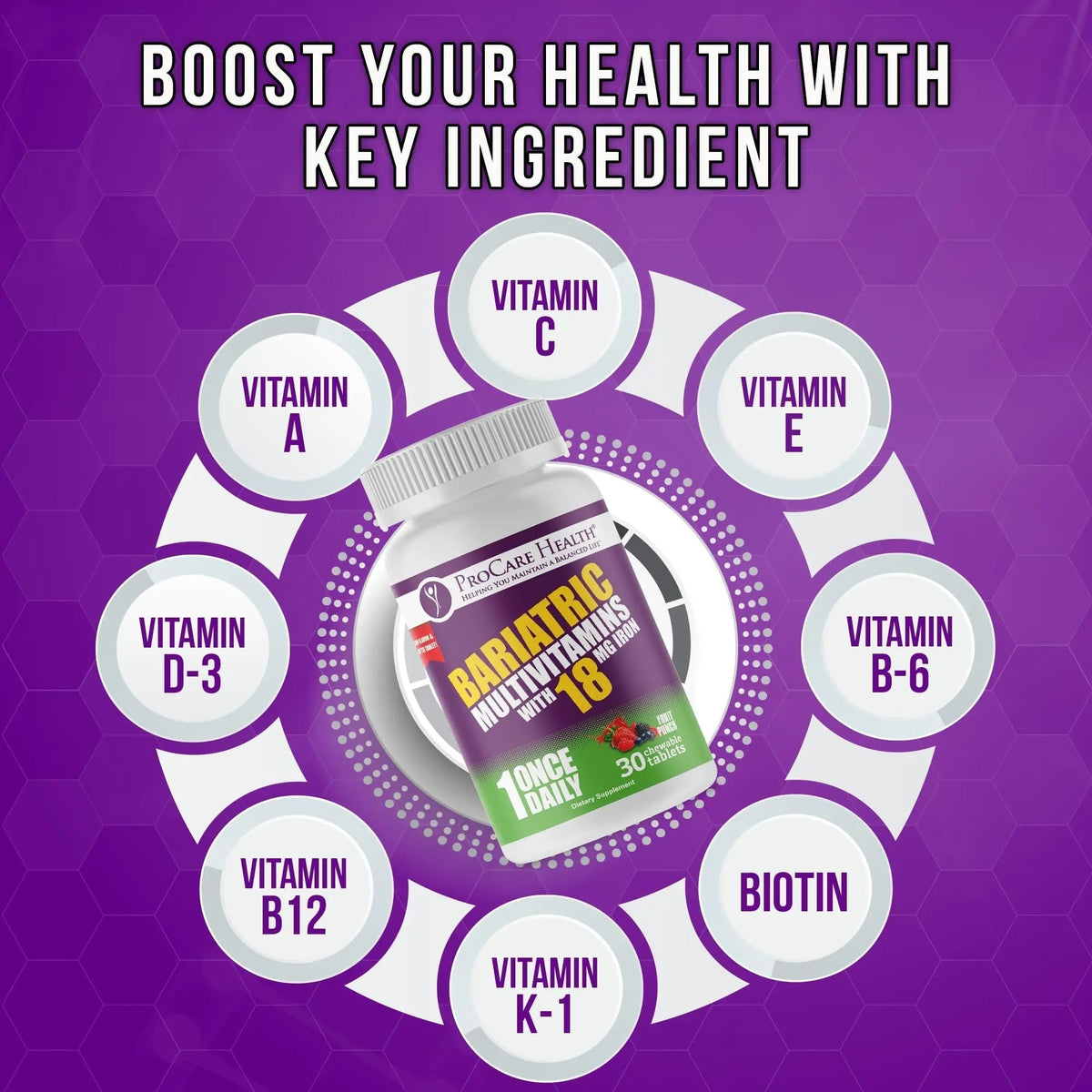 ProCare Health Bariatric Chewable Multivitamin with Iron 18mg (30 Tablets) - Fruit Punch Flavor Bariatric Multivitamin Chewable - PrimeBioHealth - canada supplements
