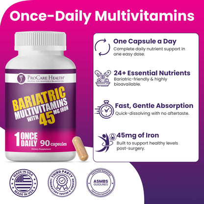 ProCare Health Bariatric Multivitamin 45mg Iron – Once Daily Capsule for Gastric Bypass, Sleeve & Post-Op Support – 90 Easy-to-Swallow Capsules - PrimeBioHealth - canada supplements