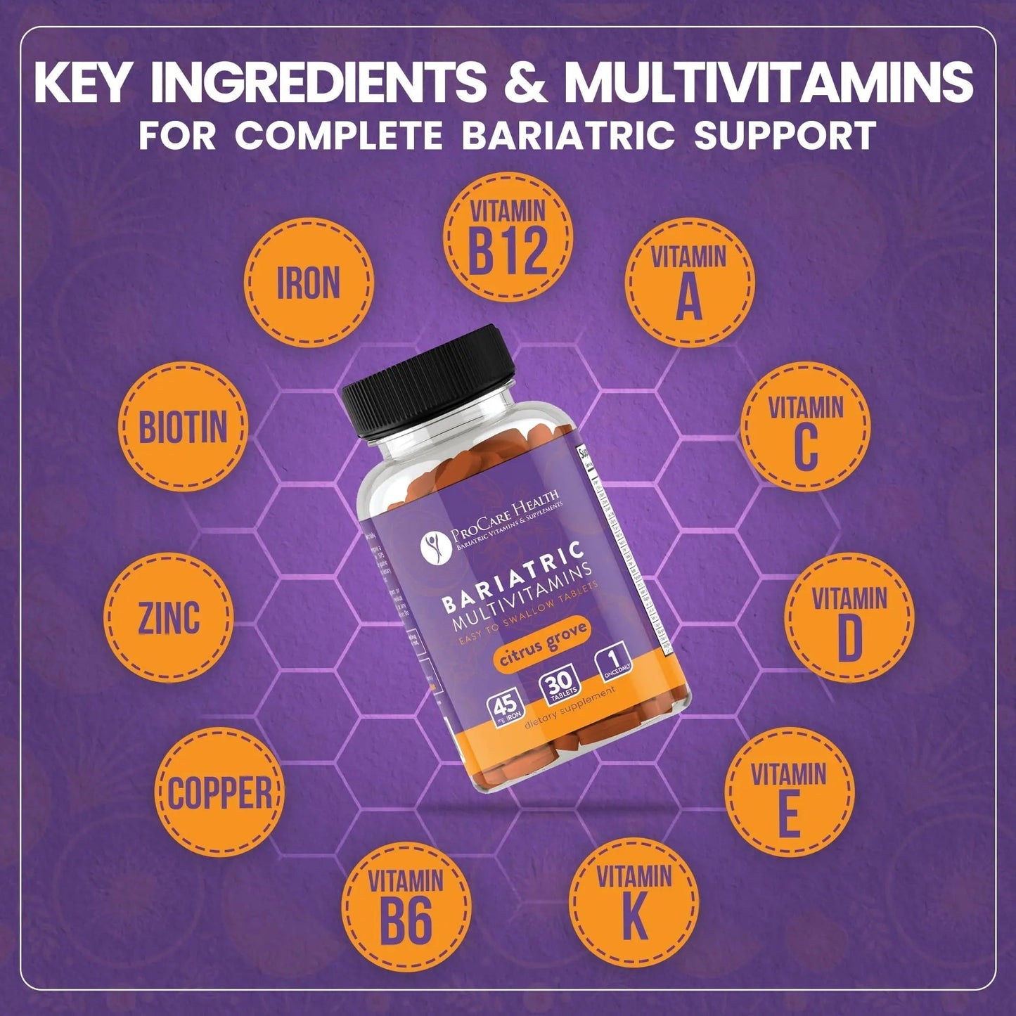 Procare Health Bariatric Multivitamin with Iron 45mg Easy to Swallow 30 Tablets - Post Op Bariatric Vitamins for Gastric Bypass Pills - PrimeBioHealth - canada supplements