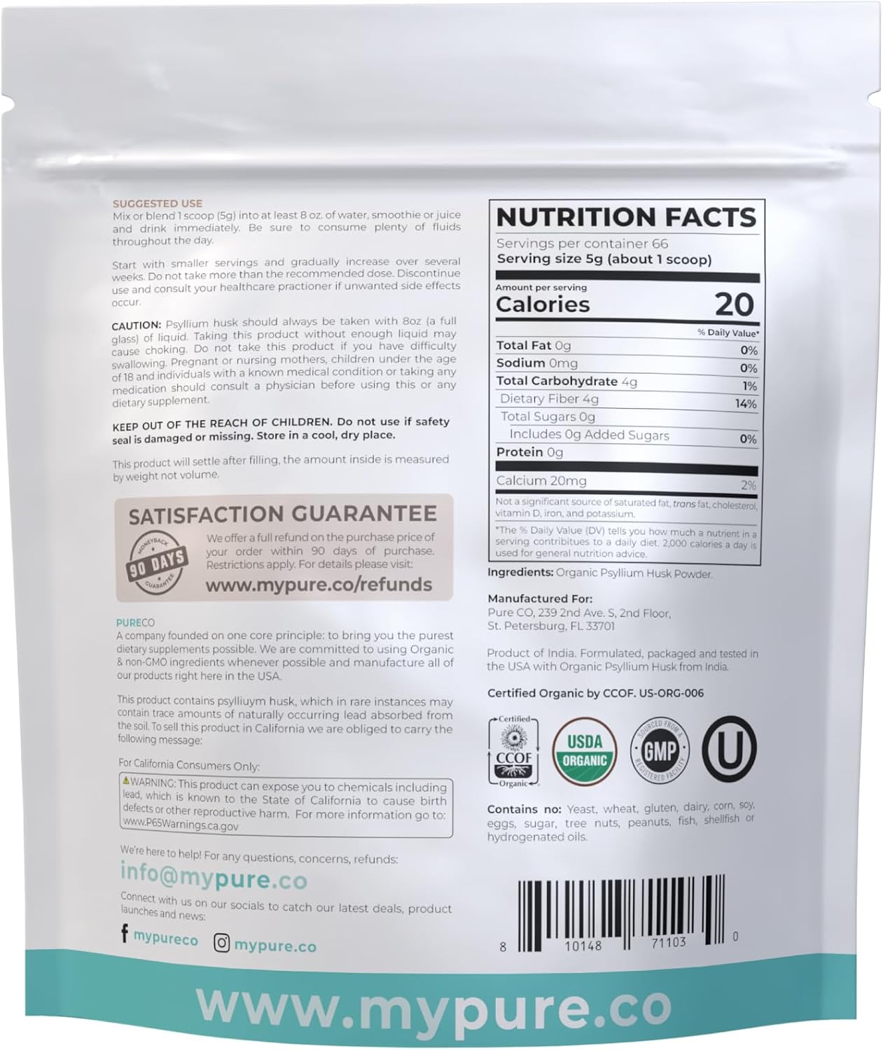 Psyllium Husk Powder Organic Certified - Finely Ground Whole Psyllium Husk Organic Fiber Powder for Baking Smoothies & More - Vegan Gluten Free Non-GMO & Filler Free Soluble Fiber (66 Servings) - PrimeBioHealth - canada supplements