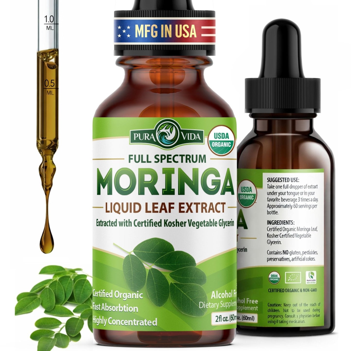 PURA VIDA MORINGA Leaf Extract Liquid Drops - USDA Organic Certified - Highly Purified, Bioavailable & Faster Absorption than Moringa Powder or Capsules - PrimeBioHealth - canada supplements