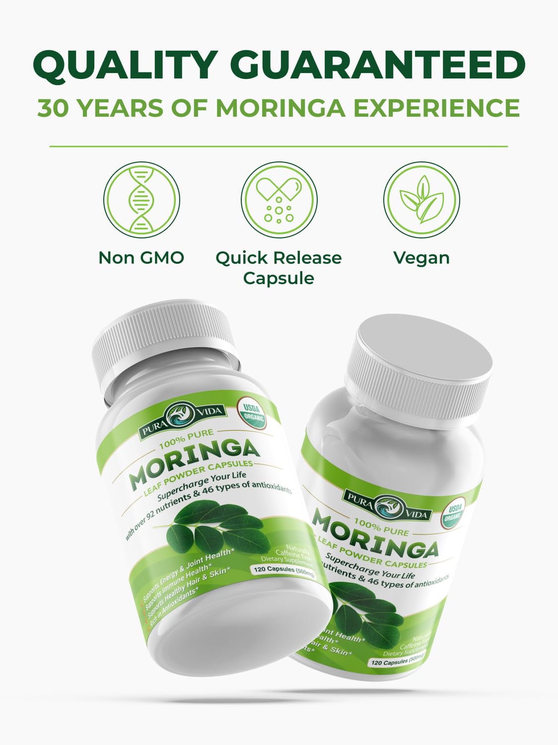 PURA VIDA MORINGA Organic Moringa Capsules, Pure Moringa Leaf Powder Single Origin for Energy, Metabolism & Immune Support - PrimeBioHealth - canada supplements