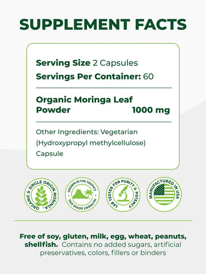 PURA VIDA MORINGA Organic Moringa Capsules, Pure Moringa Leaf Powder Single Origin for Energy, Metabolism & Immune Support - PrimeBioHealth - canada supplements
