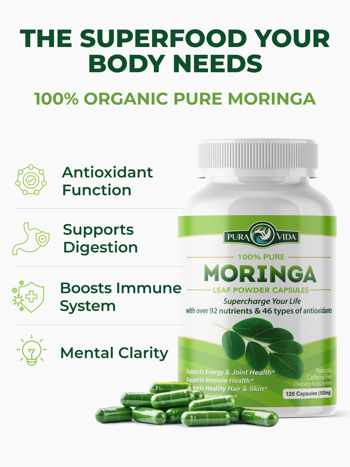 PURA VIDA MORINGA Organic Moringa Capsules, Pure Moringa Leaf Powder Single Origin for Energy, Metabolism & Immune Support - PrimeBioHealth - canada supplements