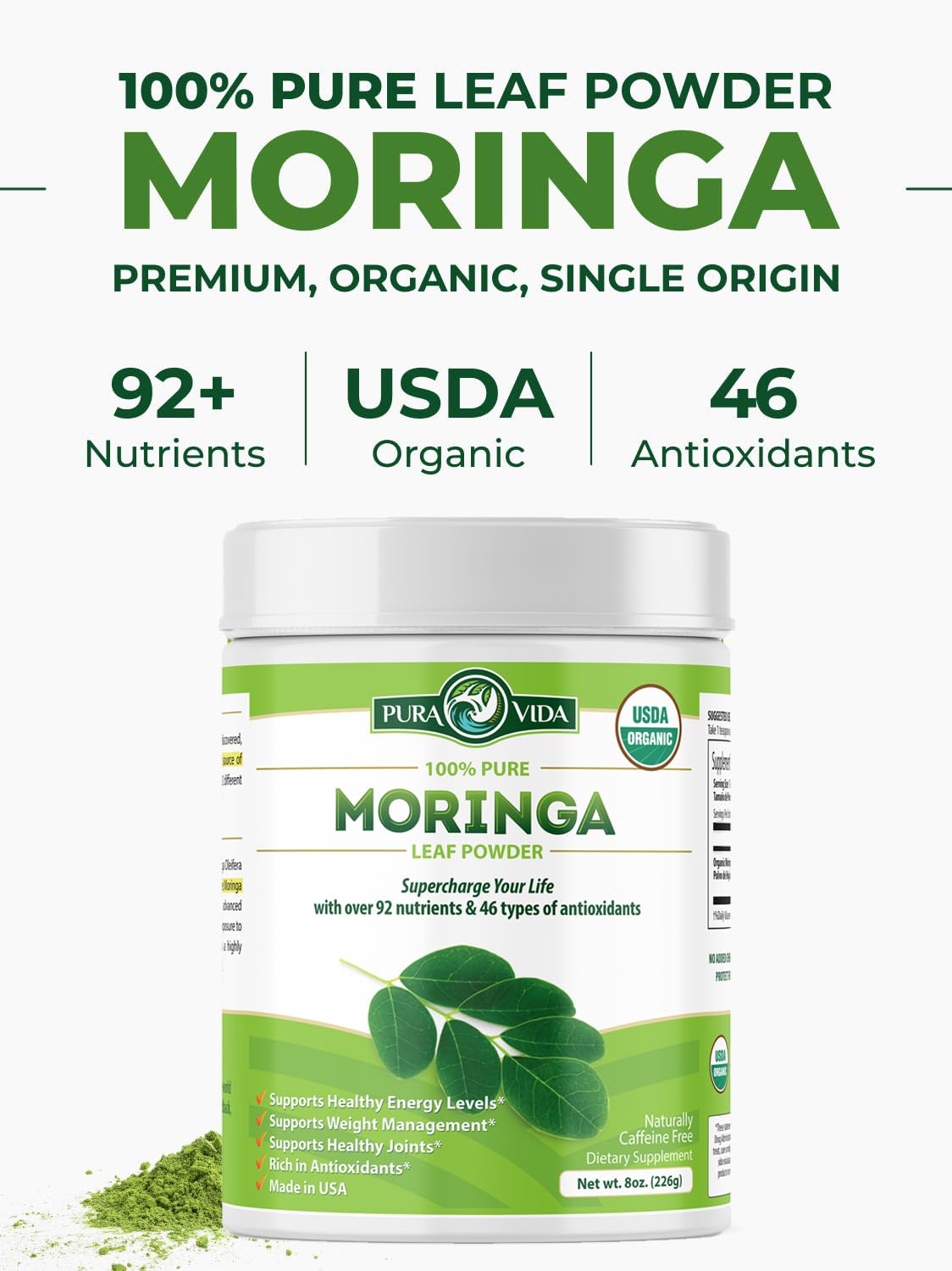 PURA VIDA MORINGA Organic Moringa Powder, Premium 100% Leaf Powder Single Origin - USDA Organic Moringa Oleifera Leaf - PrimeBioHealth - canada supplements