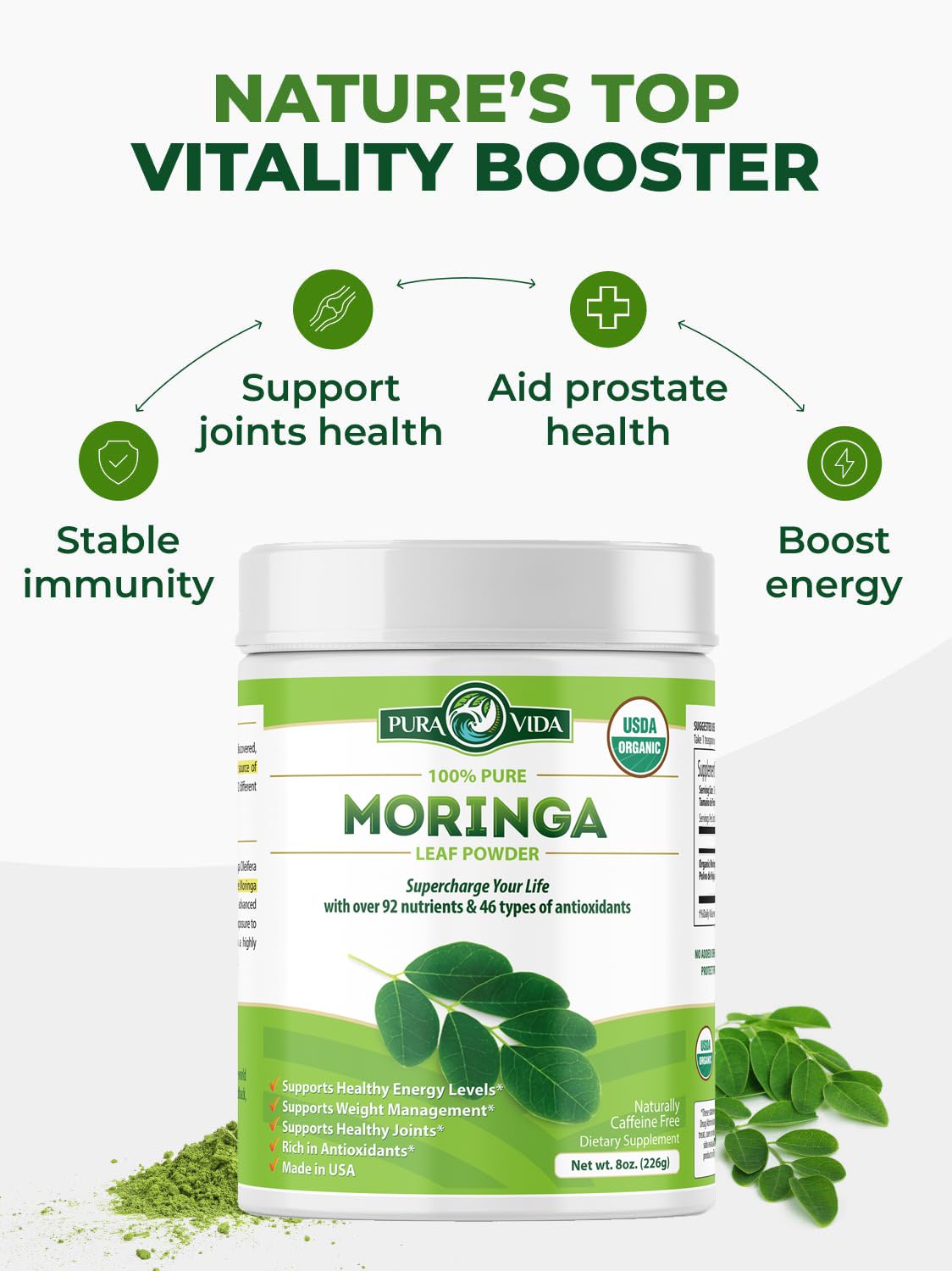 PURA VIDA MORINGA Organic Moringa Powder, Premium 100% Leaf Powder Single Origin - USDA Organic Moringa Oleifera Leaf - PrimeBioHealth - canada supplements