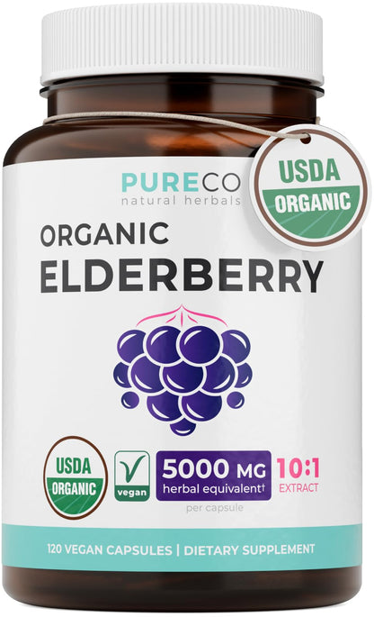 PURE CO Organic Elderberry 10:1 Extract 500mg Per 1 Capsule Serving - Vegan Black Elderberry Supplement for Immune Support, Allergy, Sinus Relief - Sambucus Nigra - 30 Caps - PrimeBioHealth - canada supplements