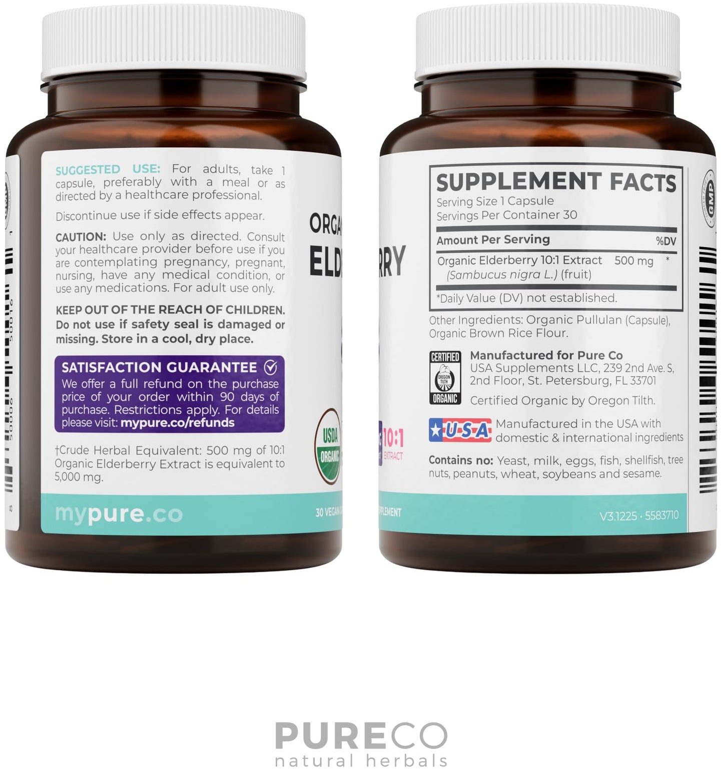 PURE CO Organic Elderberry 10:1 Extract 500mg Per 1 Capsule Serving - Vegan Black Elderberry Supplement for Immune Support, Allergy, Sinus Relief - Sambucus Nigra - 30 Caps - PrimeBioHealth - canada supplements