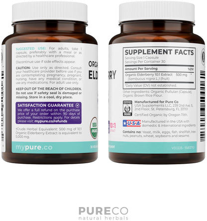 PURE CO Organic Elderberry 10:1 Extract 500mg Per 1 Capsule Serving - Vegan Black Elderberry Supplement for Immune Support, Allergy, Sinus Relief - Sambucus Nigra - 30 Caps - PrimeBioHealth - canada supplements