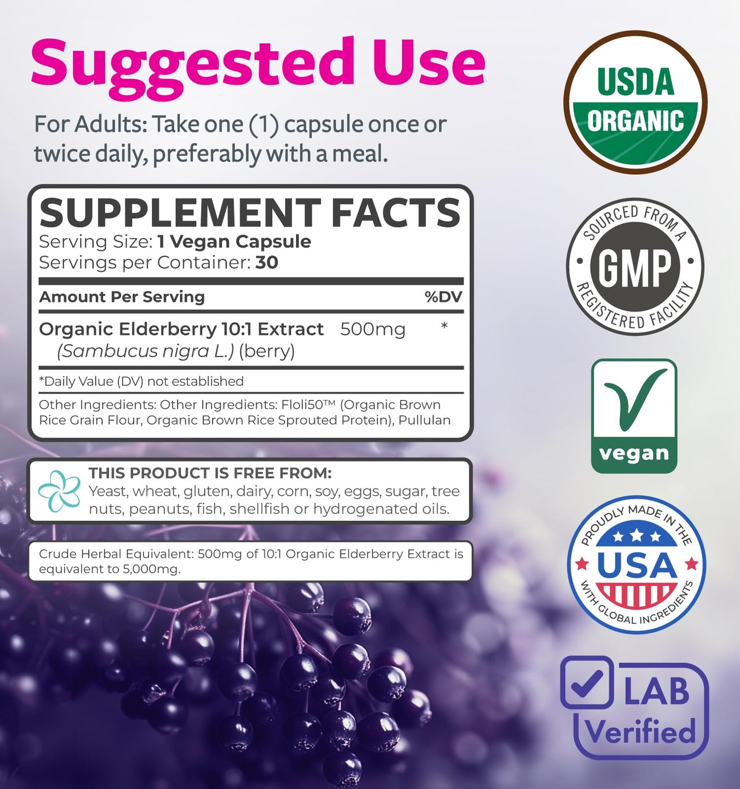 PURE CO Organic Elderberry 10:1 Extract 500mg Per 1 Capsule Serving - Vegan Black Elderberry Supplement for Immune Support, Allergy, Sinus Relief - Sambucus Nigra - 30 Caps - PrimeBioHealth - canada supplements