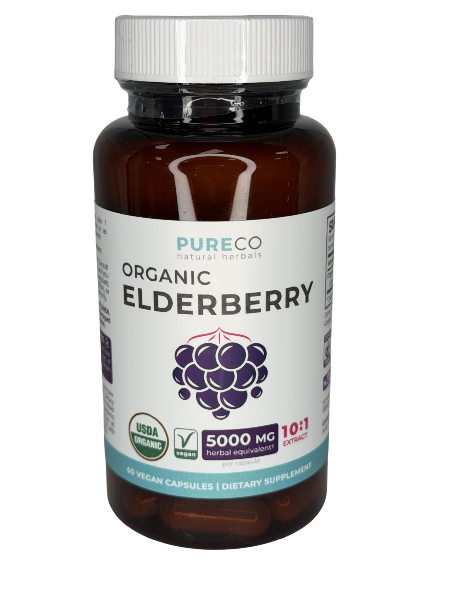 PURE CO Organic Elderberry 10:1 Extract 500mg Per 1 Capsule Serving - Vegan Black Elderberry Supplement for Immune Support, Allergy, Sinus Relief - Sambucus Nigra - 30 Caps - PrimeBioHealth - canada supplements