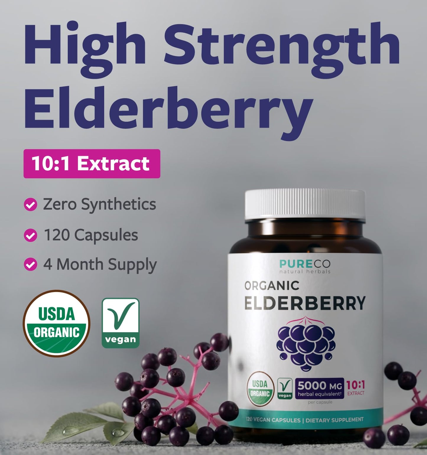 PURE CO Organic Elderberry 10:1 Extract 500mg Per 1 Capsule Serving - Vegan Black Elderberry Supplement for Immune Support, Allergy, Sinus Relief - Sambucus Nigra - 30 Caps - PrimeBioHealth - canada supplements