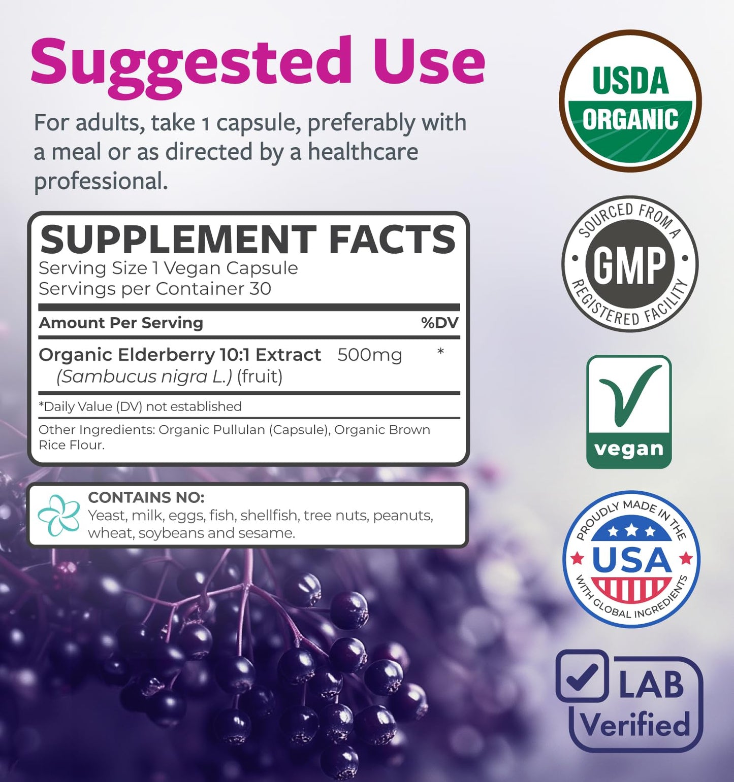 PURE CO Organic Elderberry 10:1 Extract 500mg Per 1 Capsule Serving - Vegan Black Elderberry Supplement for Immune Support, Allergy, Sinus Relief - Sambucus Nigra - 30 Caps - PrimeBioHealth - canada supplements
