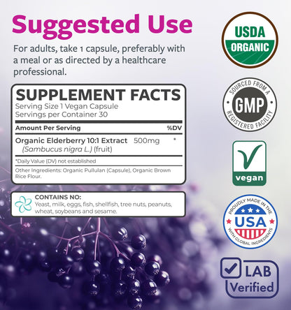 PURE CO Organic Elderberry 10:1 Extract 500mg Per 1 Capsule Serving - Vegan Black Elderberry Supplement for Immune Support, Allergy, Sinus Relief - Sambucus Nigra - 30 Caps - PrimeBioHealth - canada supplements