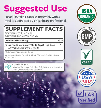 PURE CO Organic Elderberry 10:1 Extract 500mg Per 1 Capsule Serving - Vegan Black Elderberry Supplement for Immune Support, Allergy, Sinus Relief - Sambucus Nigra - 30 Caps - PrimeBioHealth - canada supplements
