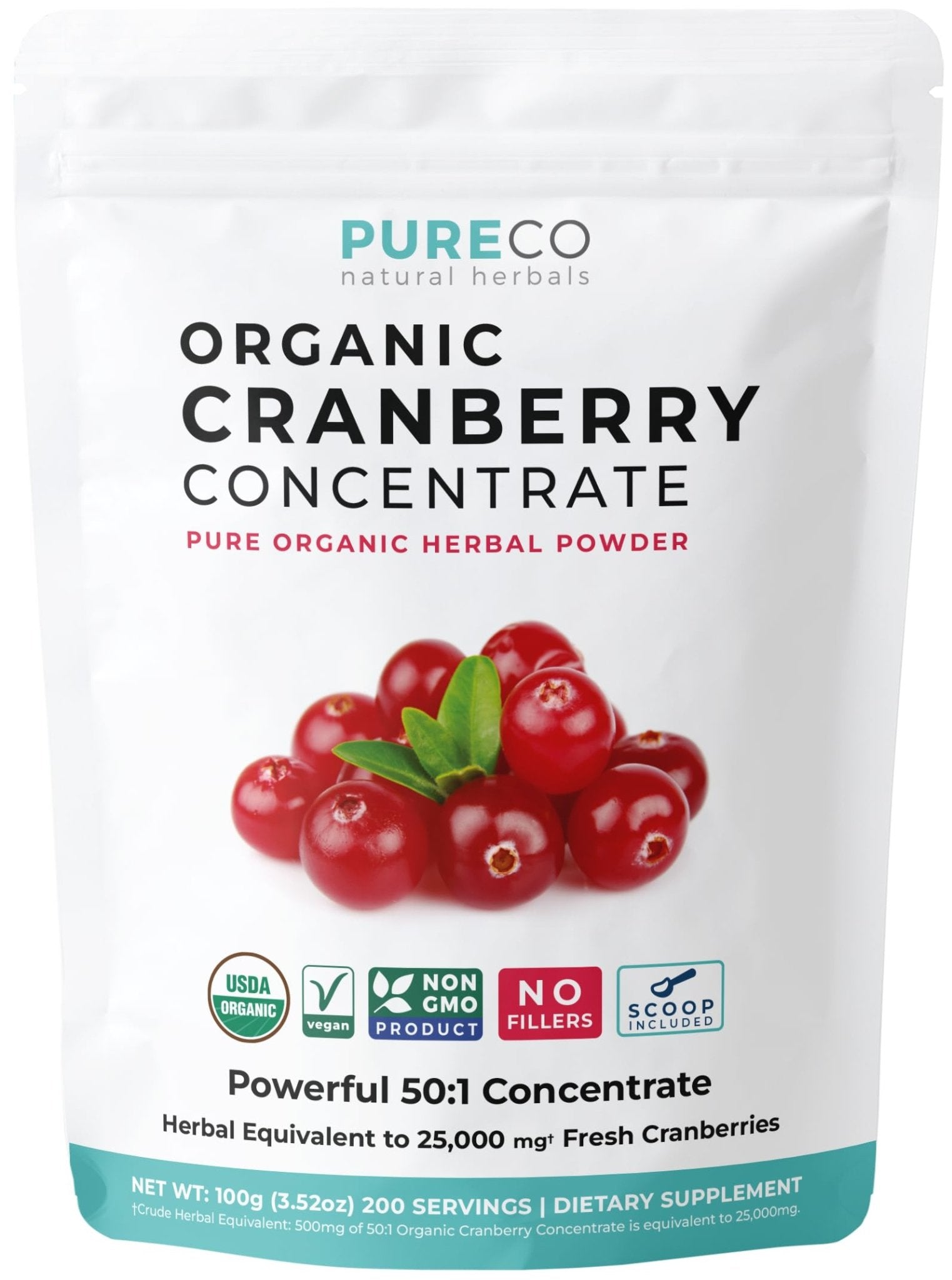PURE CO USDA Organic Cranberry Concentrate Powder - Organic Cranberry Powder 500mg 50:1 Extract Per 1 Scoop Serving - Kidney Cleanse & Urinary Tract Support for Women - 100 Servings - PrimeBioHealth - canada supplements