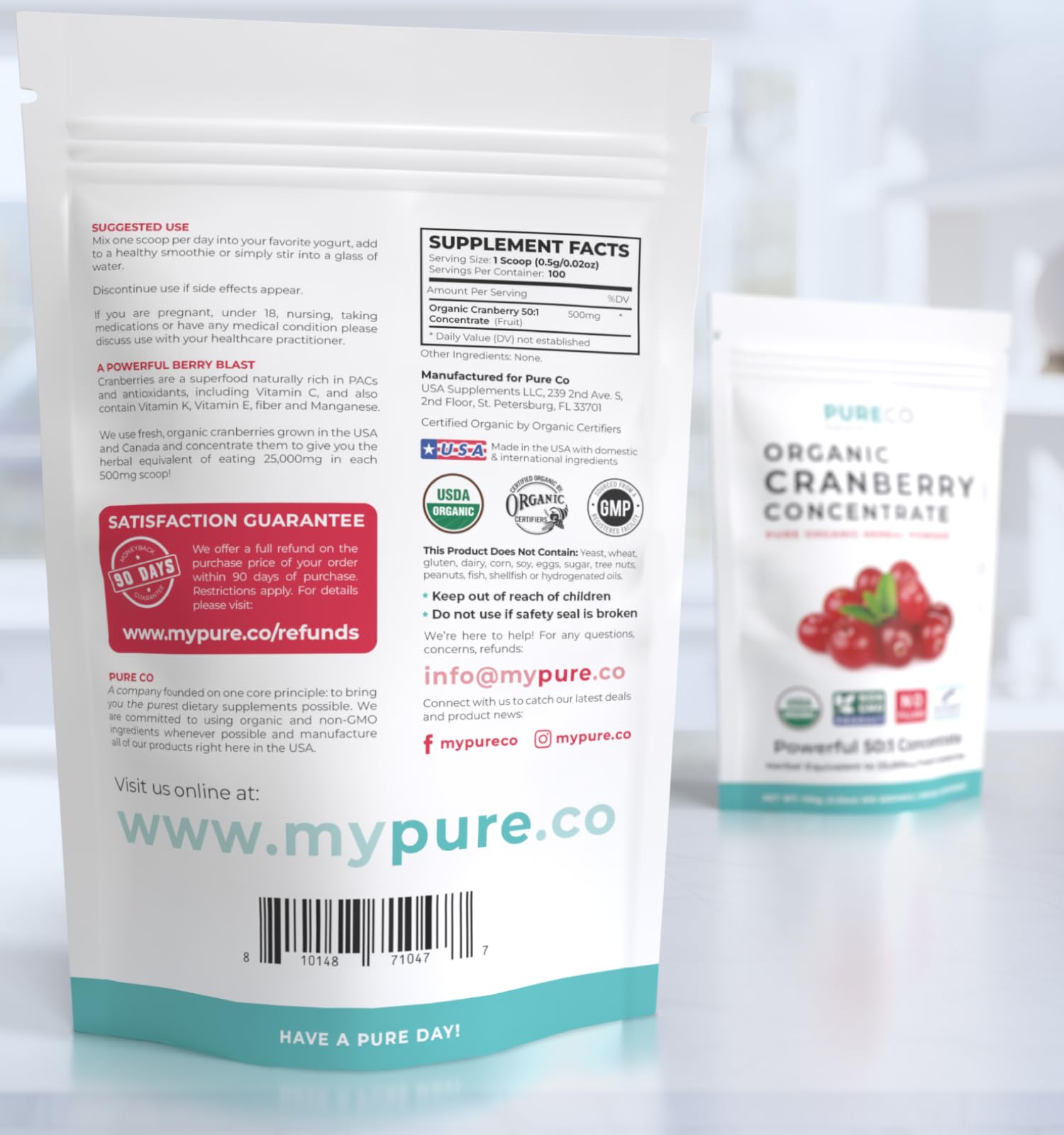 PURE CO USDA Organic Cranberry Concentrate Powder - Organic Cranberry Powder 500mg 50:1 Extract Per 1 Scoop Serving - Kidney Cleanse & Urinary Tract Support for Women - 100 Servings - PrimeBioHealth - canada supplements