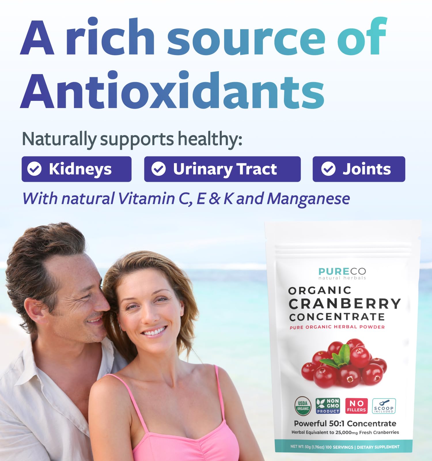 PURE CO USDA Organic Cranberry Concentrate Powder - Organic Cranberry Powder 500mg 50:1 Extract Per 1 Scoop Serving - Kidney Cleanse & Urinary Tract Support for Women - 100 Servings - PrimeBioHealth - canada supplements