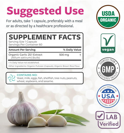 PURE CO USDA Organic Garlic Supplement - High Potency 25:1 Garlic Extract with 12,500mg Herbal Equivalent Strength for Immune & Heart Support - Odorless Vegan & Non-GMO (4 Month Supply) - PrimeBioHealth - canada supplements