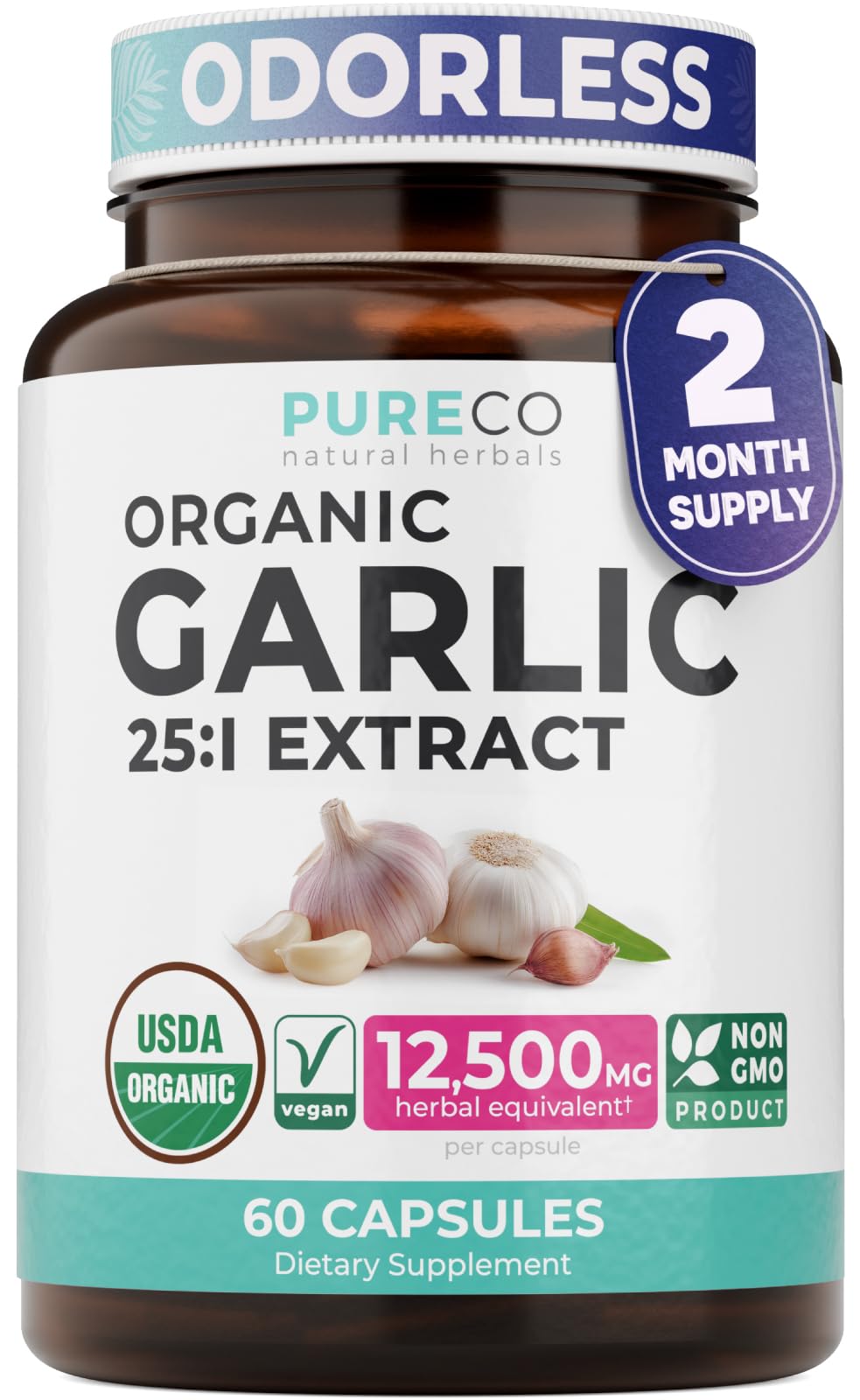 PURE CO USDA Organic Garlic Supplement - High Potency 25:1 Garlic Extract with 12,500mg Herbal Equivalent Strength for Immune & Heart Support - Odorless Vegan & Non-GMO (4 Month Supply) - PrimeBioHealth - canada supplements