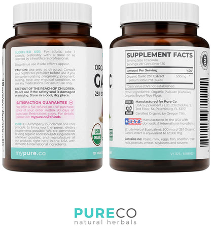 PURE CO USDA Organic Garlic Supplement - High Potency 25:1 Garlic Extract with 12,500mg Herbal Equivalent Strength for Immune & Heart Support - Odorless Vegan & Non-GMO (4 Month Supply) - PrimeBioHealth - canada supplements