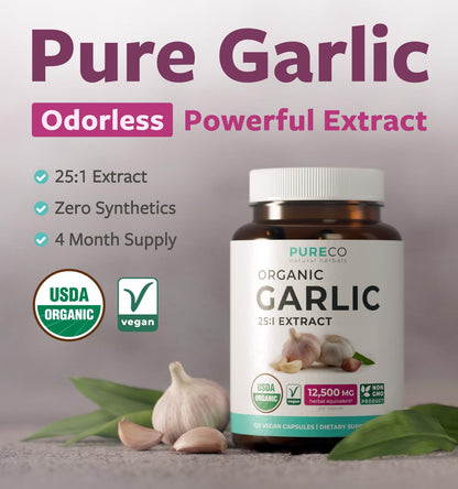 PURE CO USDA Organic Garlic Supplement - High Potency 25:1 Garlic Extract with 12,500mg Herbal Equivalent Strength for Immune & Heart Support - Odorless Vegan & Non-GMO (4 Month Supply) - PrimeBioHealth - canada supplements