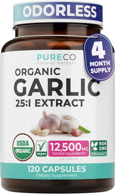 PURE CO USDA Organic Garlic Supplement - High Potency 25:1 Garlic Extract with 12,500mg Herbal Equivalent Strength for Immune & Heart Support - Odorless Vegan & Non-GMO (4 Month Supply) - PrimeBioHealth - canada supplements