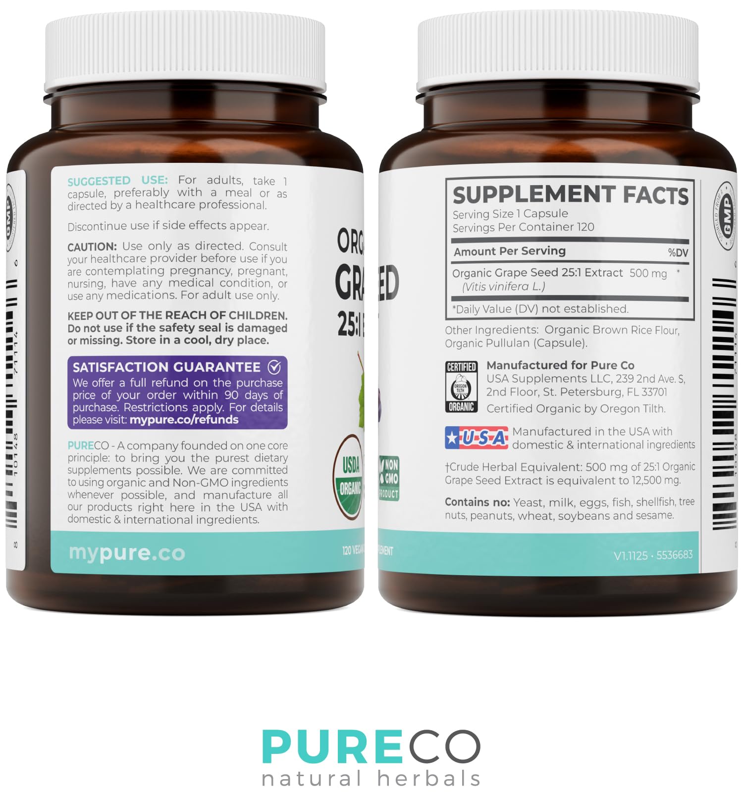 PURE CO USDA Organic Grape Seed Extract - High Potency 25:1 Grapeseed Supplement with 12,500mg Herbal Equivalent Strength - Antioxidant Support - Vegan & Non-GMO (4 Month Supply) - PrimeBioHealth - canada supplements