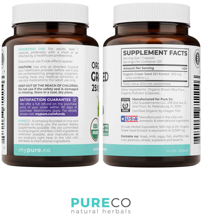 PURE CO USDA Organic Grape Seed Extract - High Potency 25:1 Grapeseed Supplement with 12,500mg Herbal Equivalent Strength - Antioxidant Support - Vegan & Non-GMO (4 Month Supply) - PrimeBioHealth - canada supplements