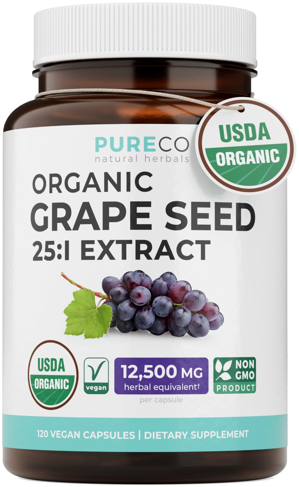 PURE CO USDA Organic Grape Seed Extract - High Potency 25:1 Grapeseed Supplement with 12,500mg Herbal Equivalent Strength - Antioxidant Support - Vegan & Non-GMO (4 Month Supply) - PrimeBioHealth - canada supplements