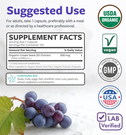PURE CO USDA Organic Grape Seed Extract - High Potency 25:1 Grapeseed Supplement with 12,500mg Herbal Equivalent Strength - Antioxidant Support - Vegan & Non-GMO (4 Month Supply) - PrimeBioHealth - canada supplements