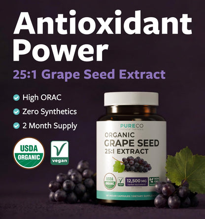 PURE CO USDA Organic Grape Seed Extract - High Potency 25:1 Grapeseed Supplement with 12,500mg Herbal Equivalent Strength - Antioxidant Support - Vegan & Non-GMO (4 Month Supply) - PrimeBioHealth - canada supplements