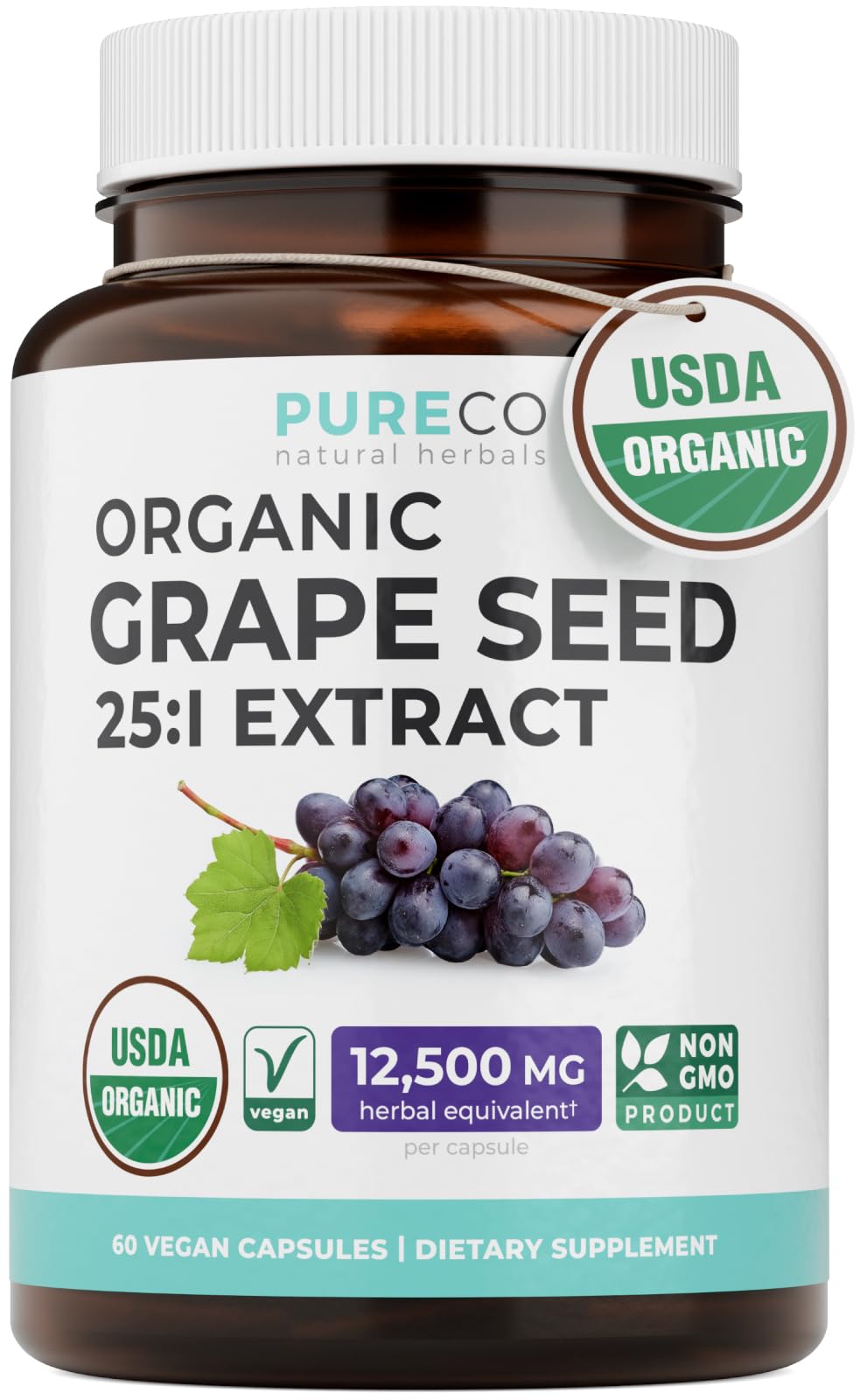 PURE CO USDA Organic Grape Seed Extract - High Potency 25:1 Grapeseed Supplement with 12,500mg Herbal Equivalent Strength - Antioxidant Support - Vegan & Non-GMO (4 Month Supply) - PrimeBioHealth - canada supplements
