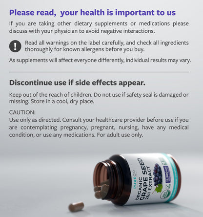 PURE CO USDA Organic Grape Seed Extract - High Potency 25:1 Grapeseed Supplement with 12,500mg Herbal Equivalent Strength - Antioxidant Support - Vegan & Non-GMO (4 Month Supply) - PrimeBioHealth - canada supplements