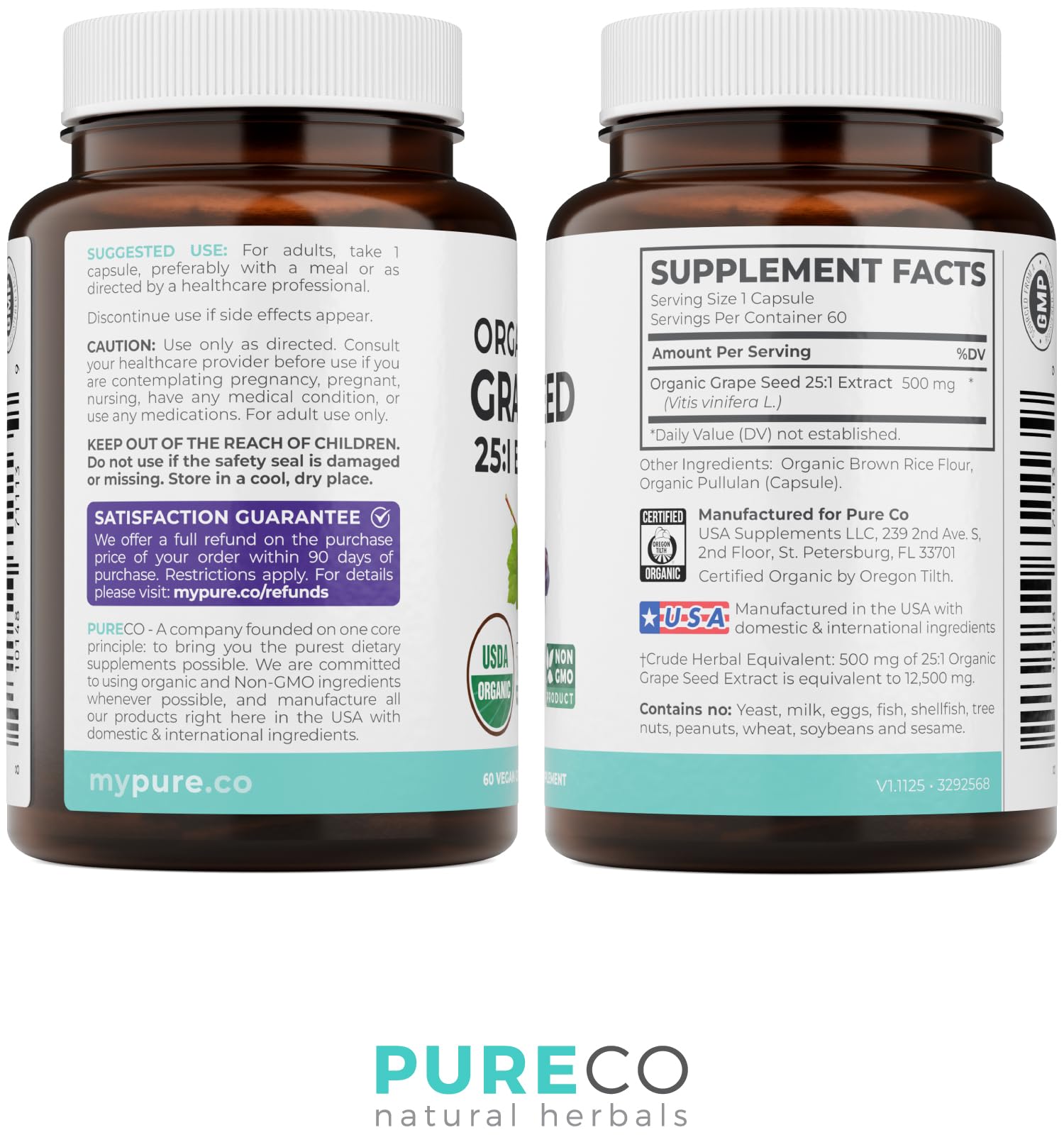 PURE CO USDA Organic Grape Seed Extract - High Potency 25:1 Grapeseed Supplement with 12,500mg Herbal Equivalent Strength - Antioxidant Support - Vegan & Non-GMO (4 Month Supply) - PrimeBioHealth - canada supplements