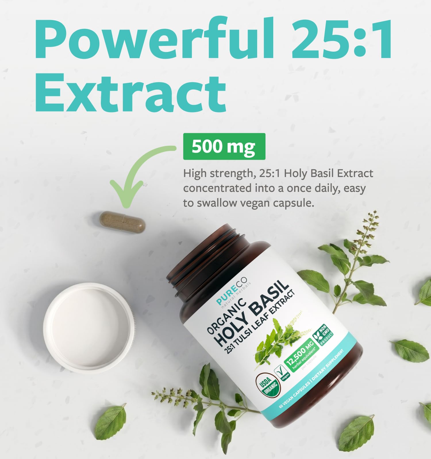 PURE CO USDA Organic Holy Basil Supplement – High Potency Organic Holy Basil 500mg 25:1 Extract 1 Capsule Per Serving – High Strength Tulsi Extract – 60 Vegan Capsules – Non-GMO & Made in USA - PrimeBioHealth - canada supplements