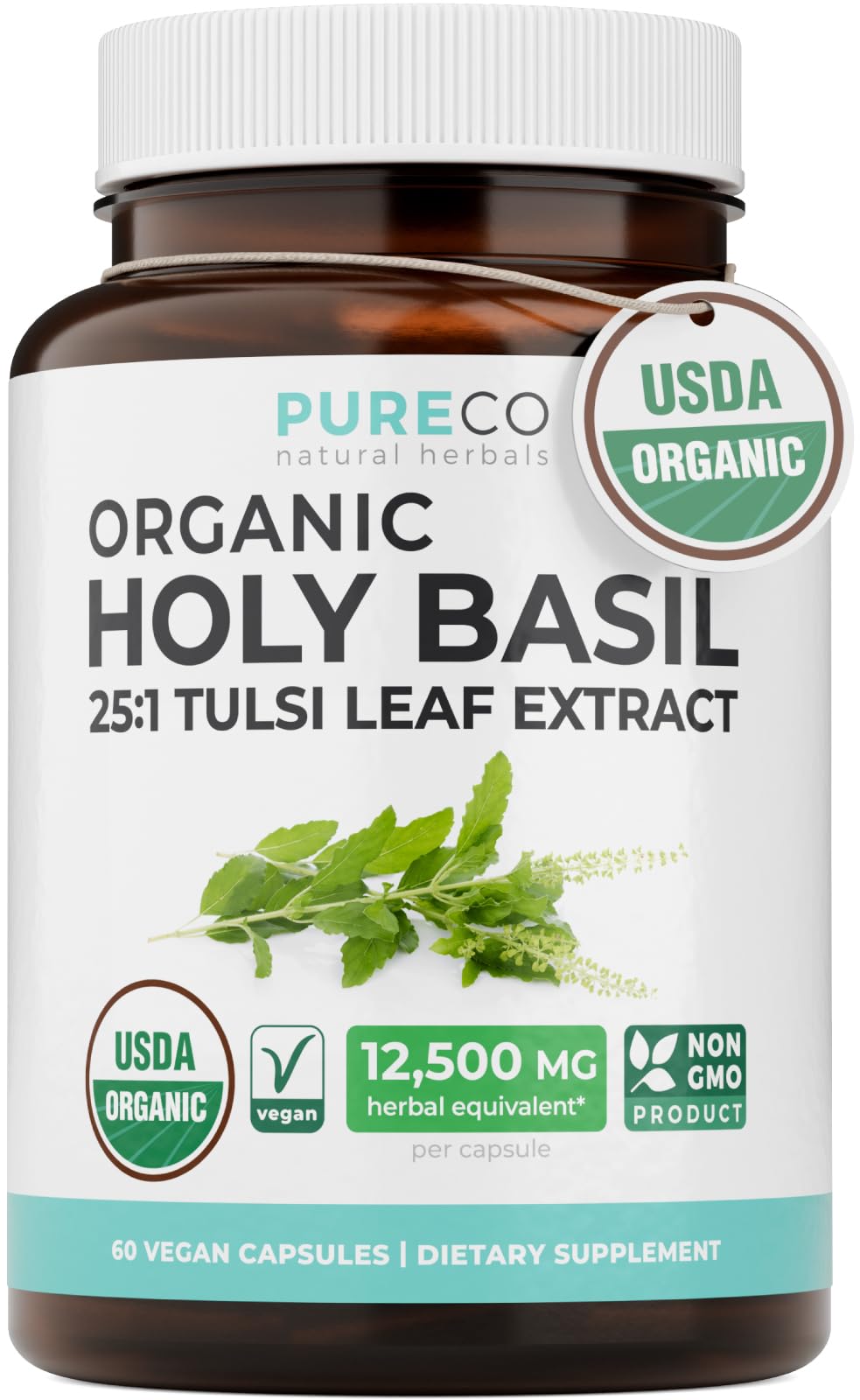 PURE CO USDA Organic Holy Basil Supplement – High Potency Organic Holy Basil 500mg 25:1 Extract 1 Capsule Per Serving – High Strength Tulsi Extract – 60 Vegan Capsules – Non-GMO & Made in USA - PrimeBioHealth - canada supplements
