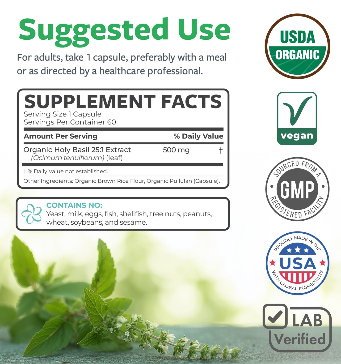 PURE CO USDA Organic Holy Basil Supplement – High Potency Organic Holy Basil 500mg 25:1 Extract 1 Capsule Per Serving – High Strength Tulsi Extract – 60 Vegan Capsules – Non-GMO & Made in USA - PrimeBioHealth - canada supplements